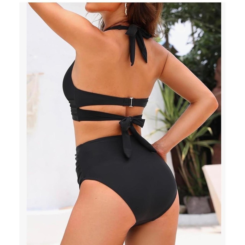Talisea Bikini Swimsuit Women Medium Black Good High Waisted Halter Wrap Top - Picture 2 of 8